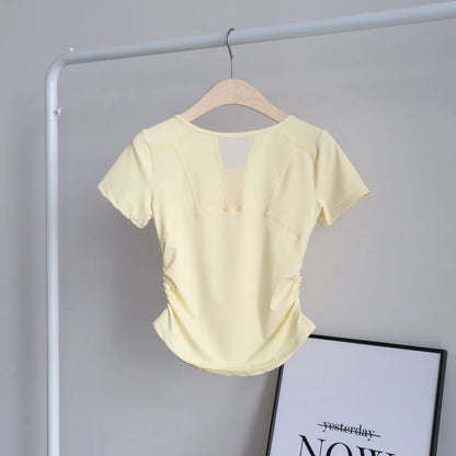 Women's Summer Ruched Waist Workout T-Shirt Mesh Panel Sports Top, Moisture-Wicking & Breathable – Yoga Gym Running Fitness Tee