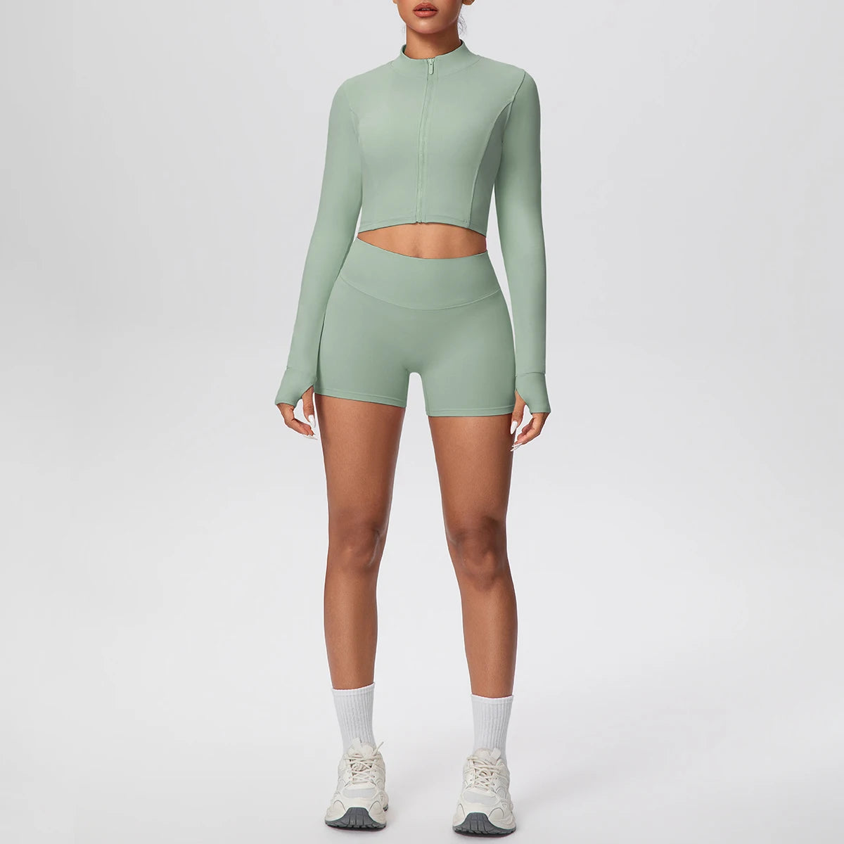 2Pieces Fitness Yoga Set Thumbhole Long Sleeve Top & Gym Shorts, Zipper Activewear for Women Yoga, Running, Workout Training