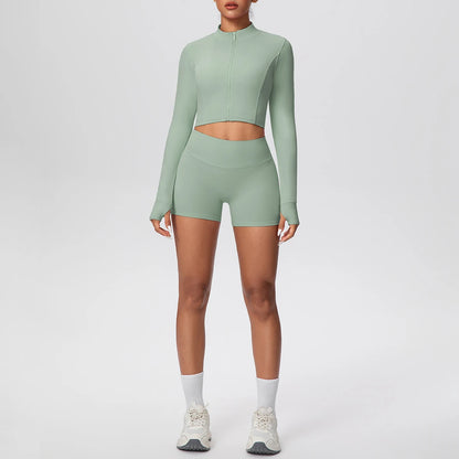 2Pieces Fitness Yoga Set Thumbhole Long Sleeve Top & Gym Shorts, Zipper Activewear for Women Yoga, Running, Workout Training