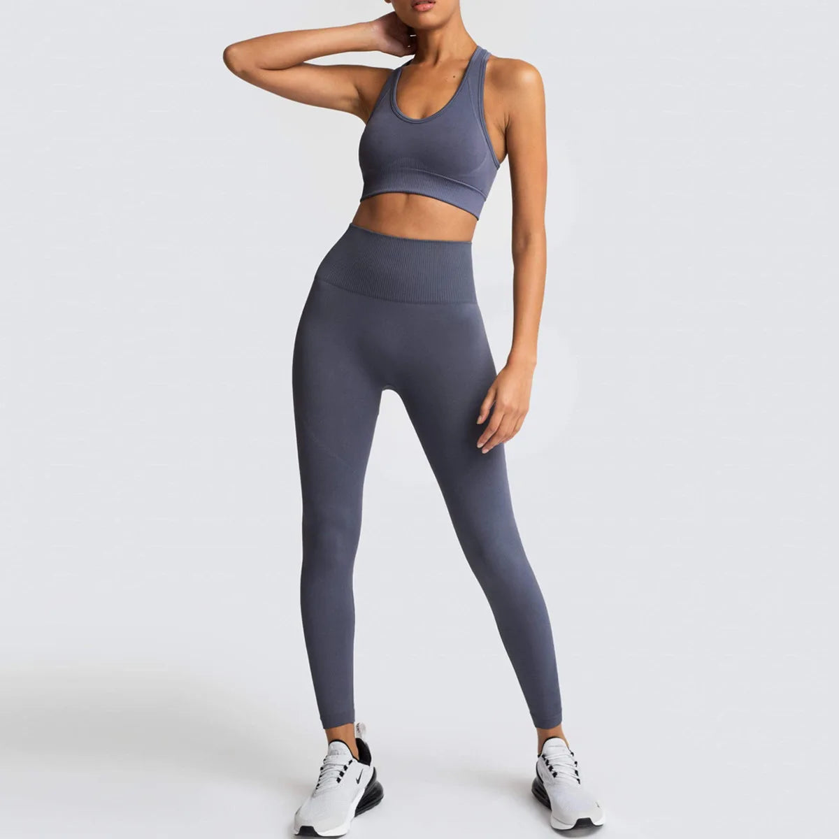 Conjunto de yoga sin costuras para mujer, top corto de fitness y leggings de talle alto con control de abdomen y sujetador incorporado para Pilates, gimnasio y running
