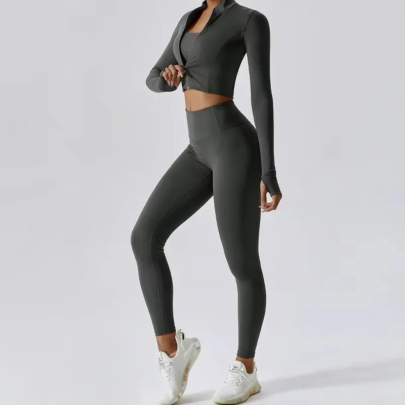 Conjunto de yoga 3 piezas traje deportivo para mujer ropa de yoga de secado rápido chaquetas de gimnasia ropa deportiva para mujer chaquetas de running conjunto para mujer