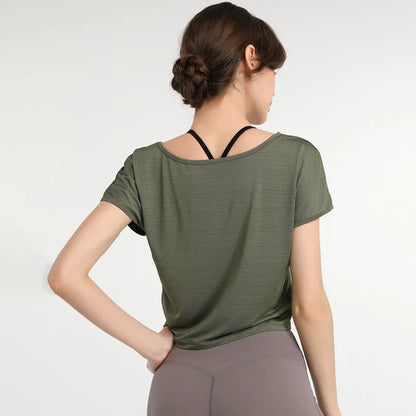 Striped Knit Yoga T-Shirt Sports Running Short Sleeved Tee Temperament Crop Top Dance Training Elastic Fitness Clothes for Women