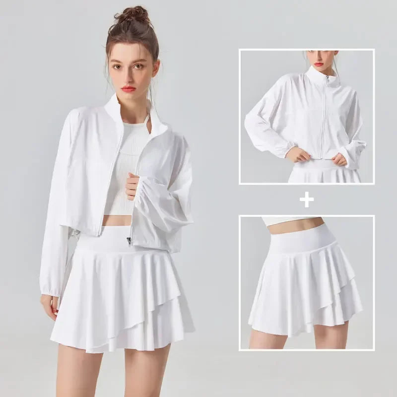 Conjunto de dos piezas para mujer de protección solar para tenis, golf, deportes al aire libre, chaqueta de manga larga y falda plisada