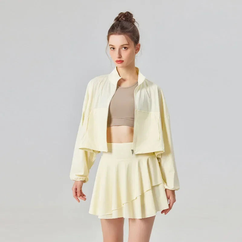 Conjunto de dos piezas para mujer de protección solar para tenis, golf, deportes al aire libre, chaqueta de manga larga y falda plisada