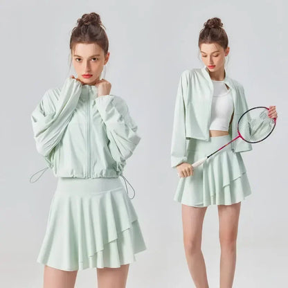Conjunto de dos piezas para mujer de protección solar para tenis, golf, deportes al aire libre, chaqueta de manga larga y falda plisada