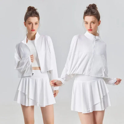 Conjunto de dos piezas para mujer de protección solar para tenis, golf, deportes al aire libre, chaqueta de manga larga y falda plisada