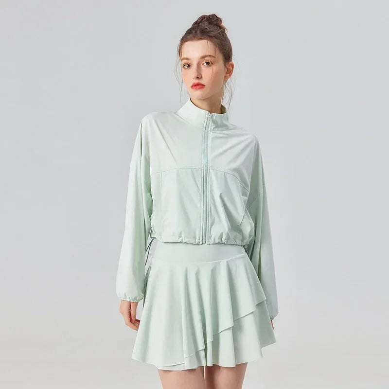Conjunto de dos piezas para mujer de protección solar para tenis, golf, deportes al aire libre, chaqueta de manga larga y falda plisada