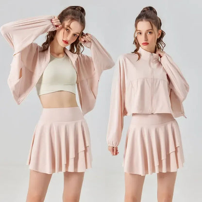 Conjunto de dos piezas para mujer de protección solar para tenis, golf, deportes al aire libre, chaqueta de manga larga y falda plisada