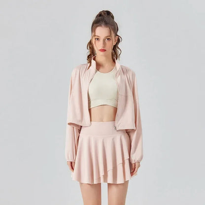 Conjunto de dos piezas para mujer de protección solar para tenis, golf, deportes al aire libre, chaqueta de manga larga y falda plisada