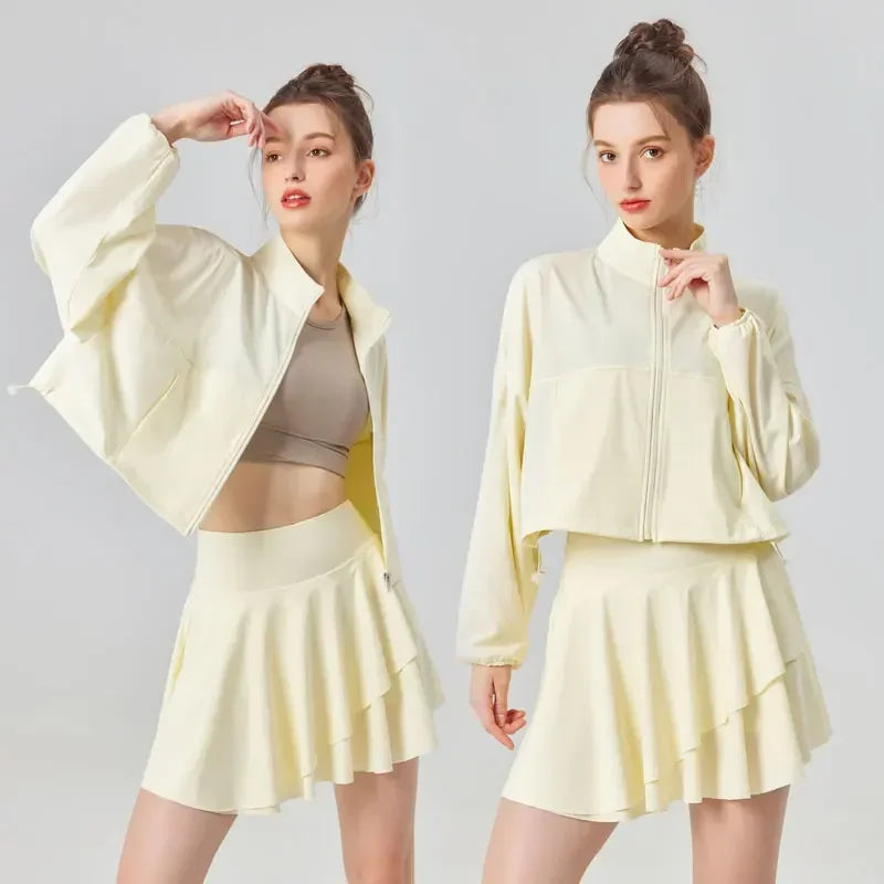 Conjunto de dos piezas para mujer de protección solar para tenis, golf, deportes al aire libre, chaqueta de manga larga y falda plisada