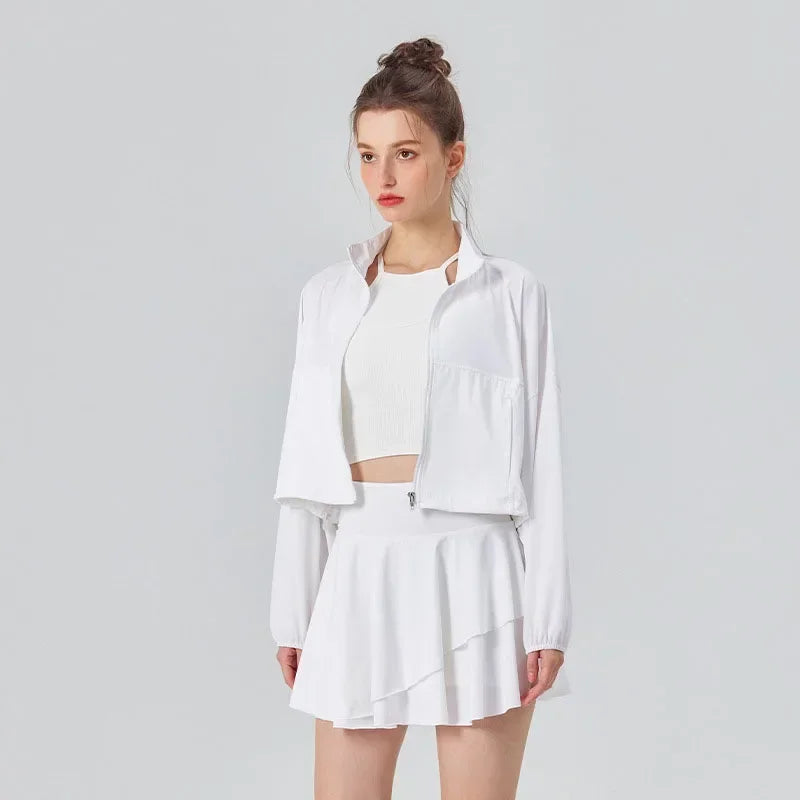Conjunto de dos piezas para mujer de protección solar para tenis, golf, deportes al aire libre, chaqueta de manga larga y falda plisada
