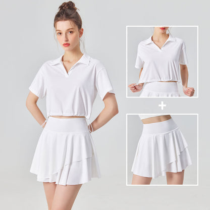 Conjunto de camisa de manga corta y falda UPF 50+ para exteriores y tenis, 2 piezas, sensación fresca, conjuntos de golf y yoga para mujer con cuello polo, a la moda