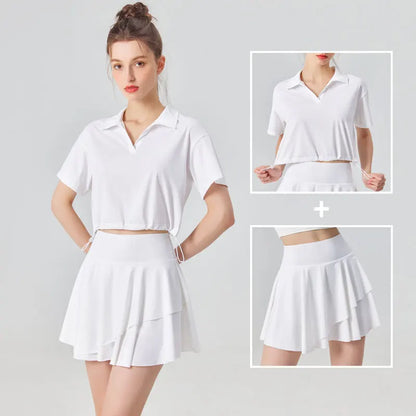 Conjunto de camisa de manga corta y falda UPF 50+ para exteriores y tenis, 2 piezas, sensación fresca, conjuntos de golf y yoga para mujer con cuello polo, a la moda