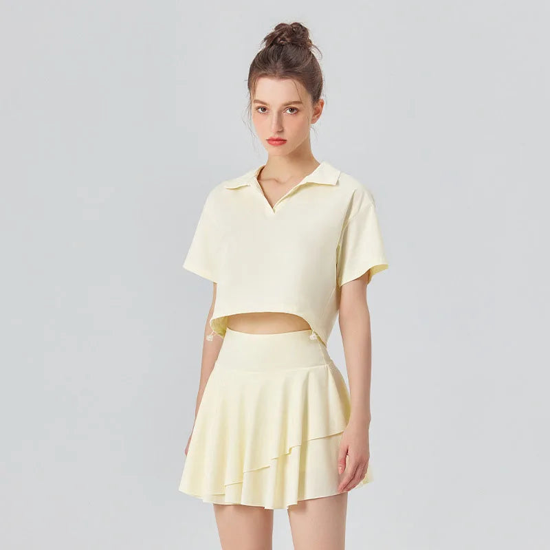 Conjunto de camisa de manga corta y falda UPF 50+ para exteriores y tenis, 2 piezas, sensación fresca, conjuntos de golf y yoga para mujer con cuello polo, a la moda