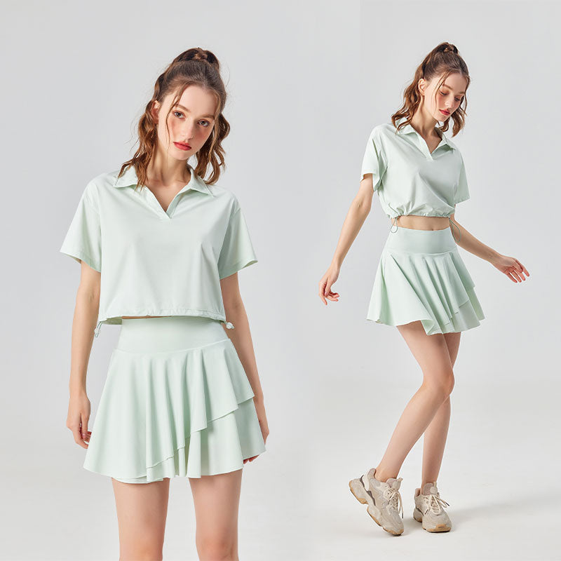 Conjunto de camisa de manga corta y falda UPF 50+ para exteriores y tenis, 2 piezas, sensación fresca, conjuntos de golf y yoga para mujer con cuello polo, a la moda