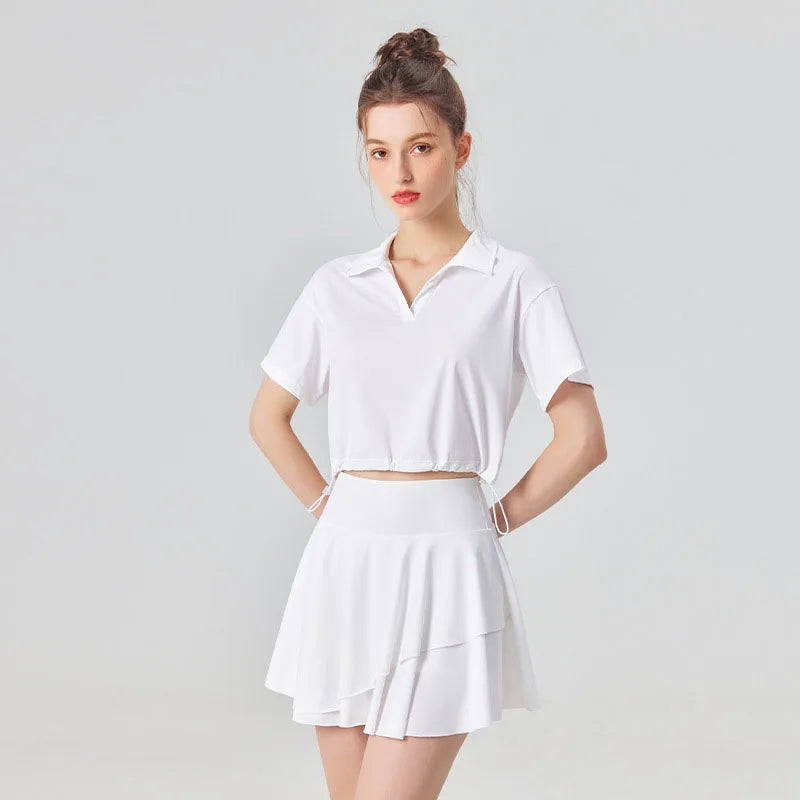Conjunto de camisa de manga corta y falda UPF 50+ para exteriores y tenis, 2 piezas, sensación fresca, conjuntos de golf y yoga para mujer con cuello polo, a la moda