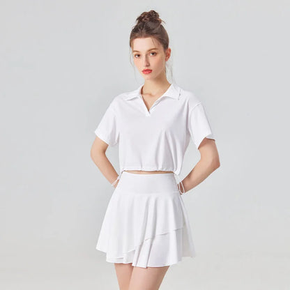 Conjunto de camisa de manga corta y falda UPF 50+ para exteriores y tenis, 2 piezas, sensación fresca, conjuntos de golf y yoga para mujer con cuello polo, a la moda