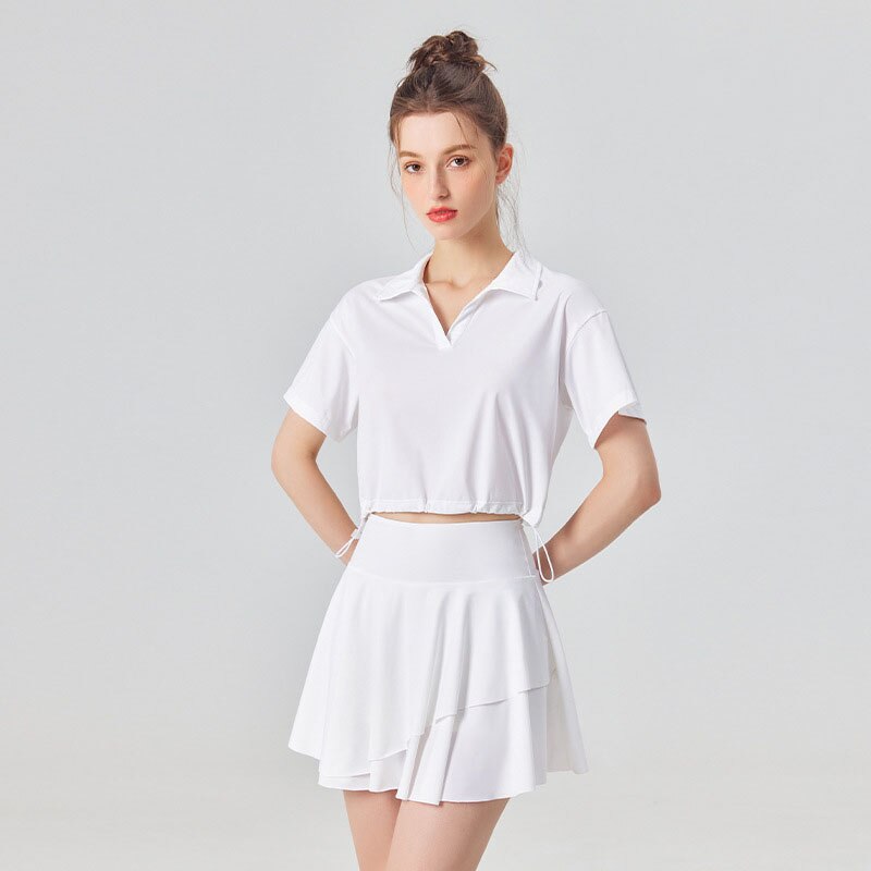 Conjunto de camisa de manga corta y falda UPF 50+ para exteriores y tenis, 2 piezas, sensación fresca, conjuntos de golf y yoga para mujer con cuello polo, a la moda