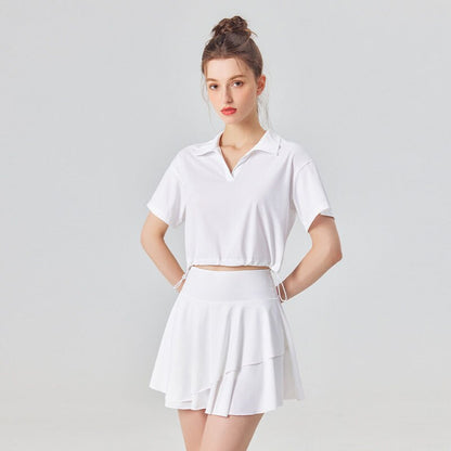Conjunto de camisa de manga corta y falda UPF 50+ para exteriores y tenis, 2 piezas, sensación fresca, conjuntos de golf y yoga para mujer con cuello polo, a la moda