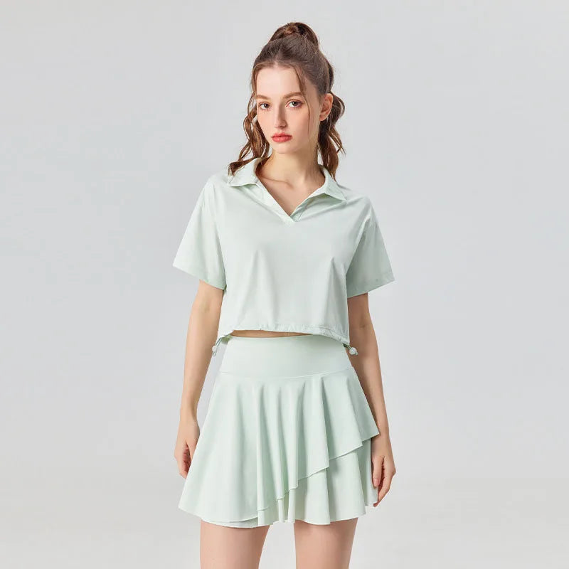 Conjunto de camisa de manga corta y falda UPF 50+ para exteriores y tenis, 2 piezas, sensación fresca, conjuntos de golf y yoga para mujer con cuello polo, a la moda