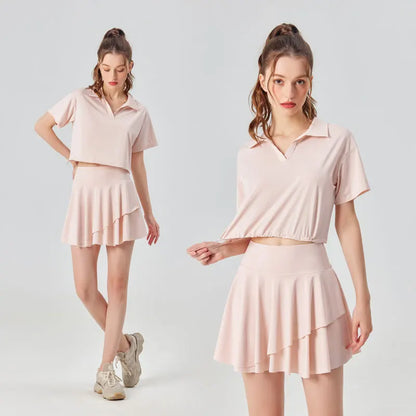 Conjunto de camisa de manga corta y falda UPF 50+ para exteriores y tenis, 2 piezas, sensación fresca, conjuntos de golf y yoga para mujer con cuello polo, a la moda
