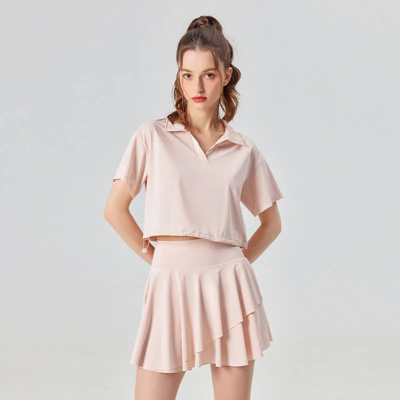 Conjunto de camisa de manga corta y falda UPF 50+ para exteriores y tenis, 2 piezas, sensación fresca, conjuntos de golf y yoga para mujer con cuello polo, a la moda