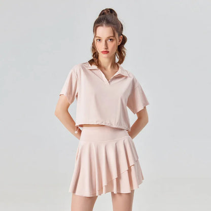 Conjunto de camisa de manga corta y falda UPF 50+ para exteriores y tenis, 2 piezas, sensación fresca, conjuntos de golf y yoga para mujer con cuello polo, a la moda